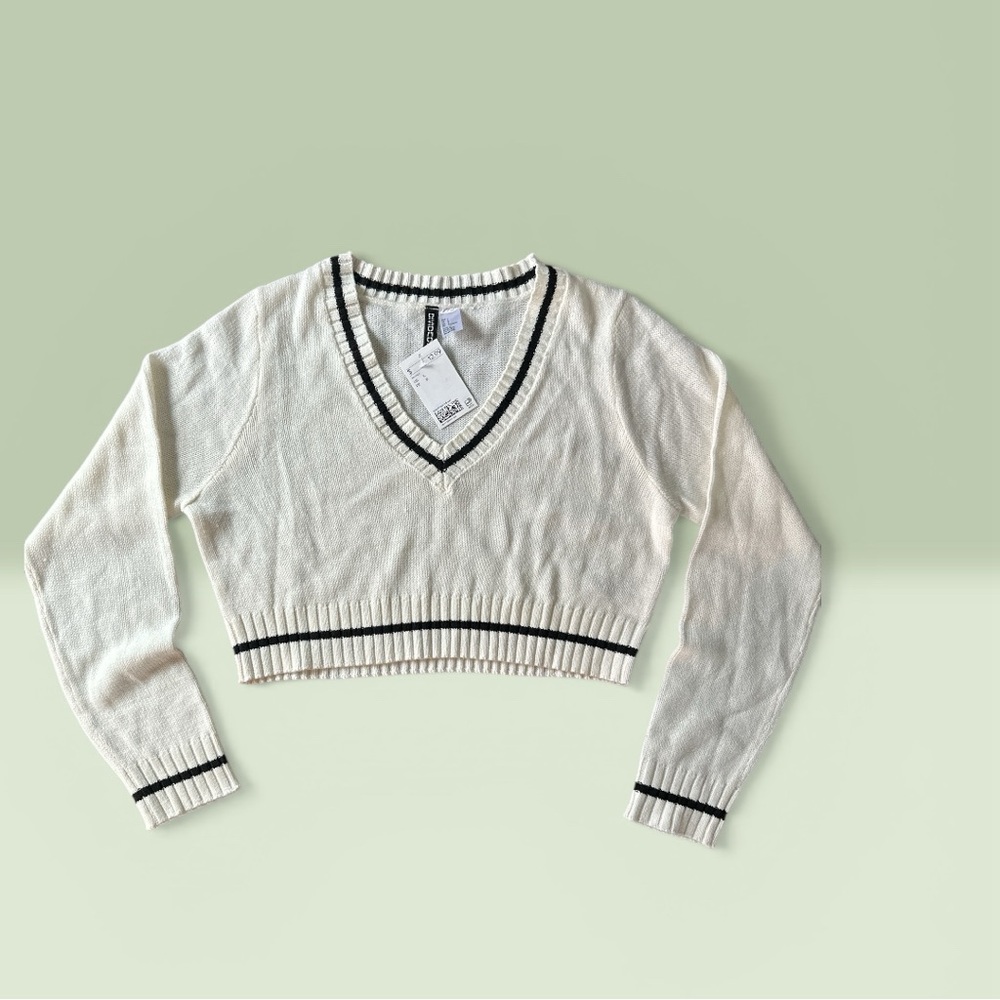 Divided Cream V-Neck Sweater with Black Accents